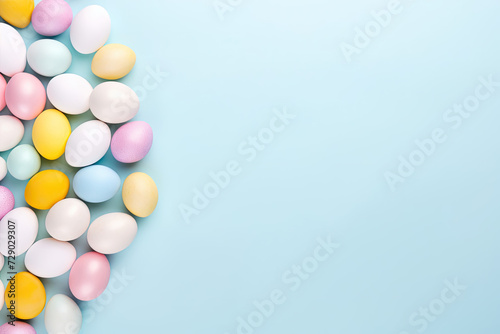 AI generated illustration of colorful Easter eggs on a blue background with copyspace
