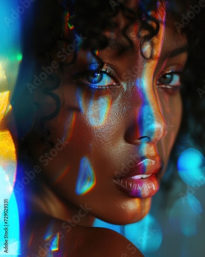 Portrait of a woman with colorful light refractions casting patterns on her skin and features