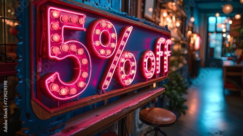 5 percent off. Neon discount light signs on