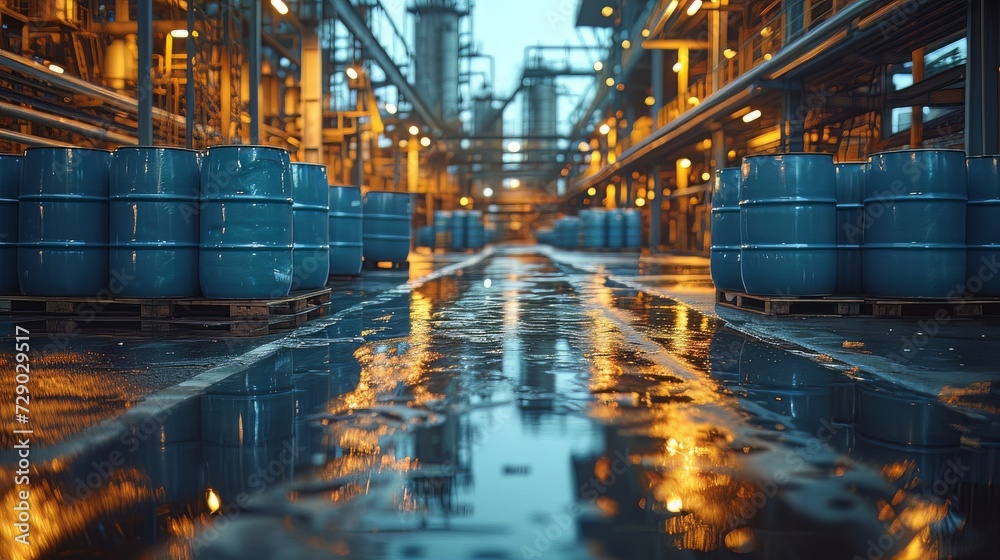 Blue barrel drum on the pallets contain liquid chemical in warehouse prepare for delivery to customer by made to order. Manufacture of chemicals production. Oil and chemical industrial works concept 