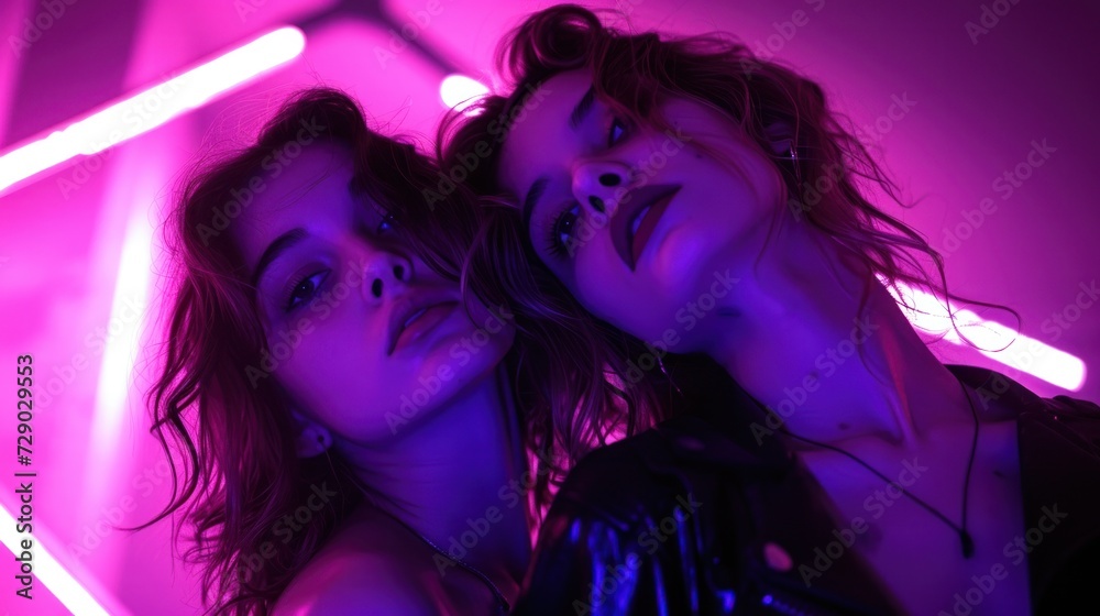 Naklejka premium Close-up portrait of two young women in sensuous pose illuminated by vibrant neon lights