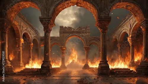 Ancient classic architecture stone arches with flames