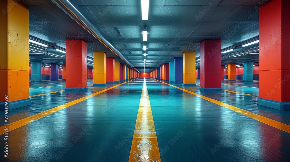Empty shopping mall underground car park with columns painted in ...