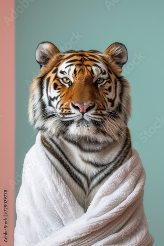 An intriguing image showing a tiger's head perfectly matched to a human body in a white robe, set against a teal backdrop