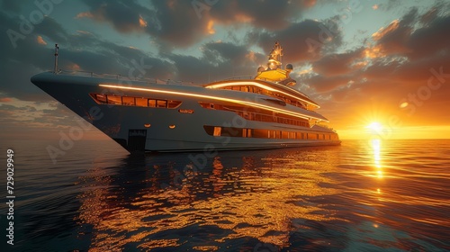 A luxury mega yacht with golden glass in the ocean at a sunset
