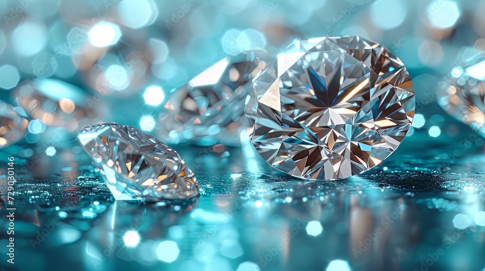 Brilliant cut diamonds sparkle intensely, scattered on a reflective surface with a soft focus on the background, highlighting the gem's exquisite facets and clarity - obrazy, fototapety, plakaty 
