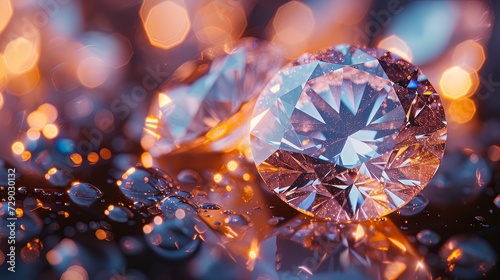 Brilliant cut diamonds sparkle intensely, scattered on a reflective surface with a soft focus on the background, highlighting the gem's exquisite facets and clarity © Tn
