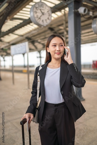 Young asian woman talking on phone while commuting to the airport terminal at a train station