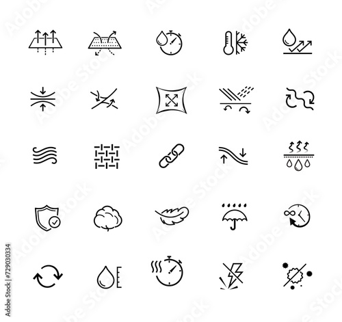 Set icons for functional fabric, clothing. The outline icons are well scalable and editable. Contrasting vector elements are good for different backgrounds. EPS10. photo