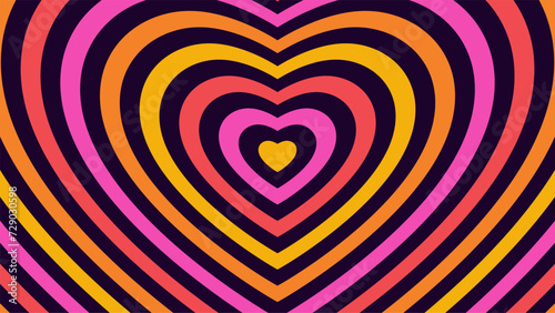 Hypnotic vector heart shape tunnel. Groovy style psychedelic rainbow hearts. Bright vivid colorful vintage love wallpaper. Cool 70s nostalgia banner. Cute retro abstract y2k Valentine background