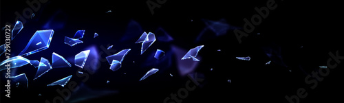 Broken glass pieces flying on black background. Vector realistic illustration of crashed mirror shatters, ice crystal shards, window fragments of abstract shape with uneven sharp edges, blast effect