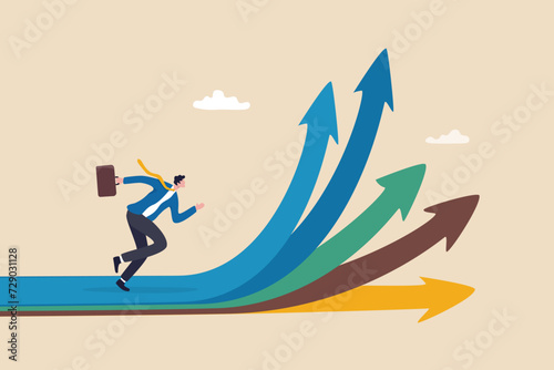 Career decision, choosing direction choices for future opportunity, different path to success, decide or progress options for career growth concept, businessman running to different arrow pathway. photo