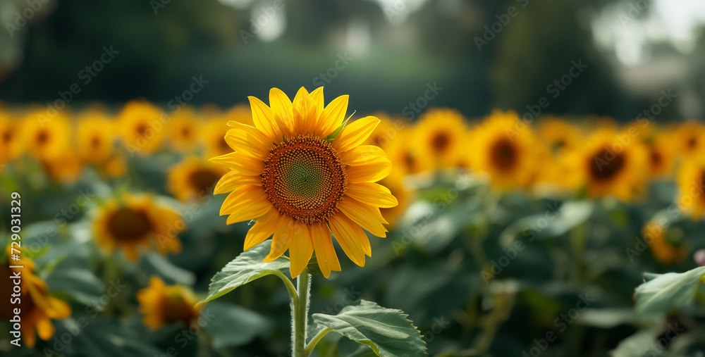 Fototapeta premium sunflower field with sky and clouds, sunflower field with sky, field of sunflowers, a high resolution photograph of a close up