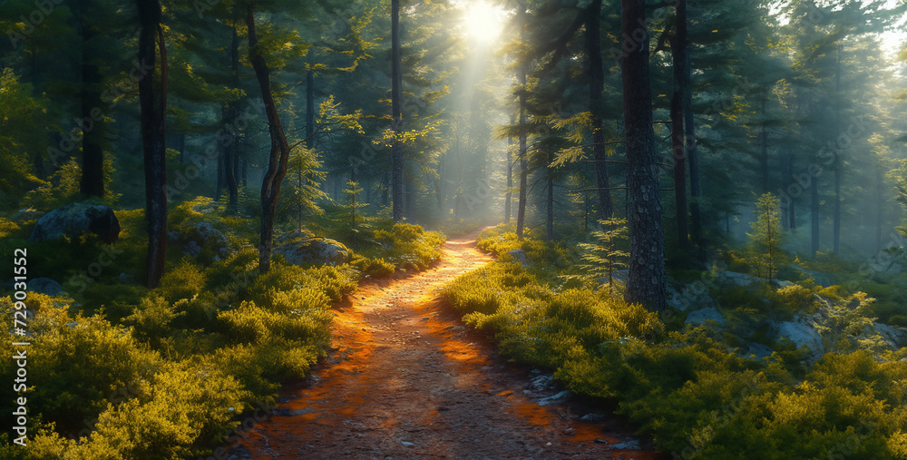 forest in the morning, a high resolution photograph of a winding forest in the morning, a high resolution photograph of a winding