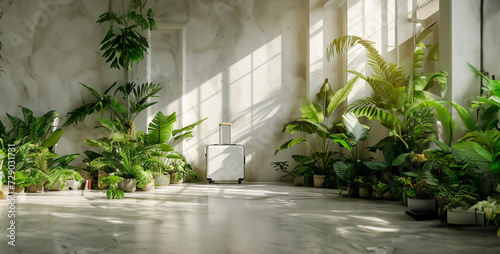 white fence and plants  person walking in the garden  person walking through the garden  suitcase in front of the large white wall with small