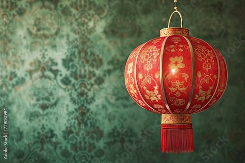 beautiful red chinese lantern isolated on green chinese ornament pattern