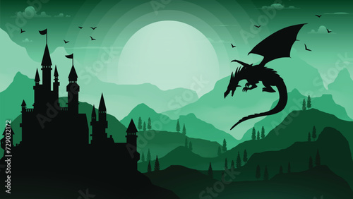 green castle with a dragon flying over the mountains vector wallpaper illustration