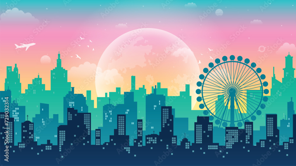 colorful cityscape with ferris wheel vector illustration wallpaper