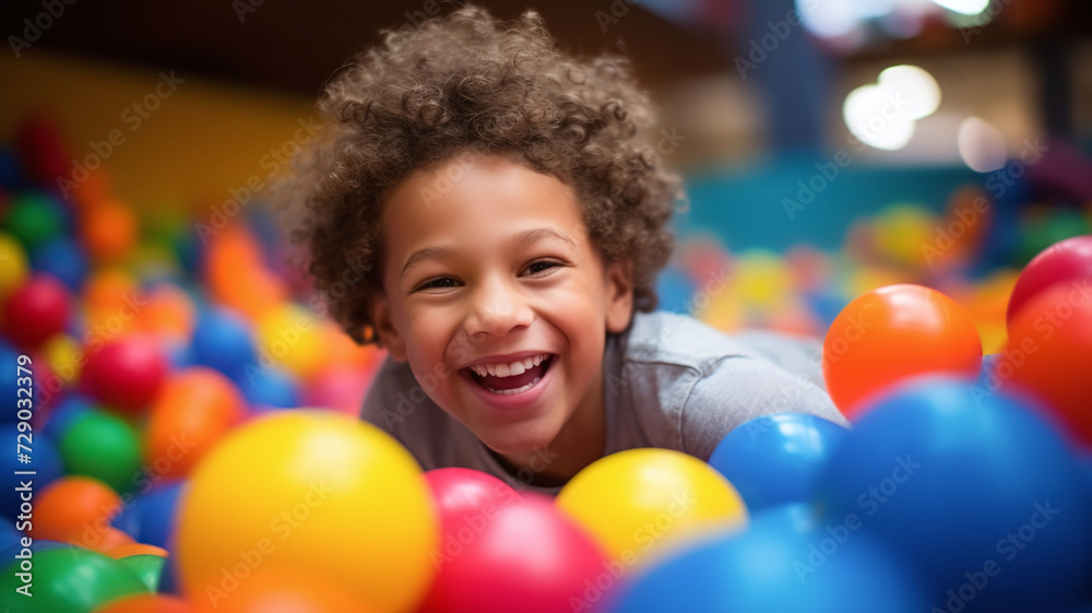 Happy child playing in a colorful ball pit at an indoor playground, perfect for family and fun concepts. AI Generative