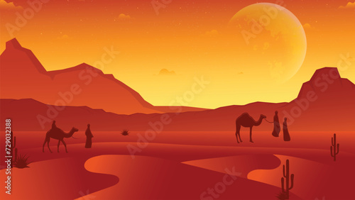 desert scene with camel and man walking in desert vector illustration wallpaper