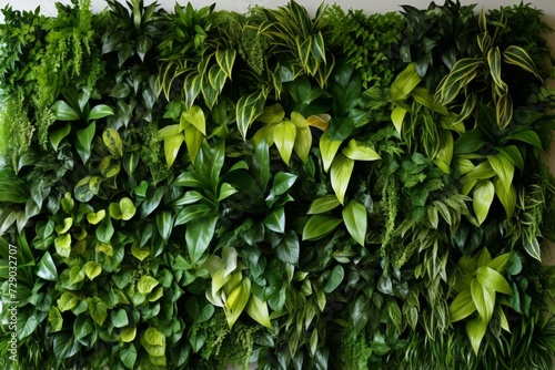 Green living wall with perennial plants in modern office - urban gardening landscaping