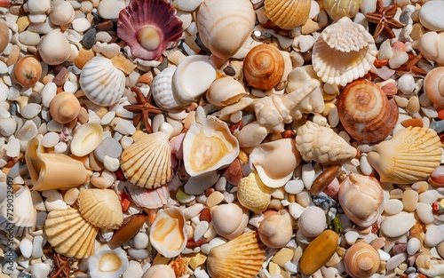 Background with beautiful seashells on the beach