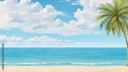 Beach background with white sand and blue sky  with coconut trees on the right and left. Background for summer. summer design elements.