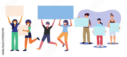 Group of diverse people standing and holding blank empty Banners or Placards. Advertising  protest  demonstration  revolution  meeting concept. Cartoon style characters. Hand drawn Vector illustration