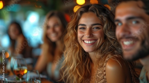 Smiling Woman with Friends at a Bar