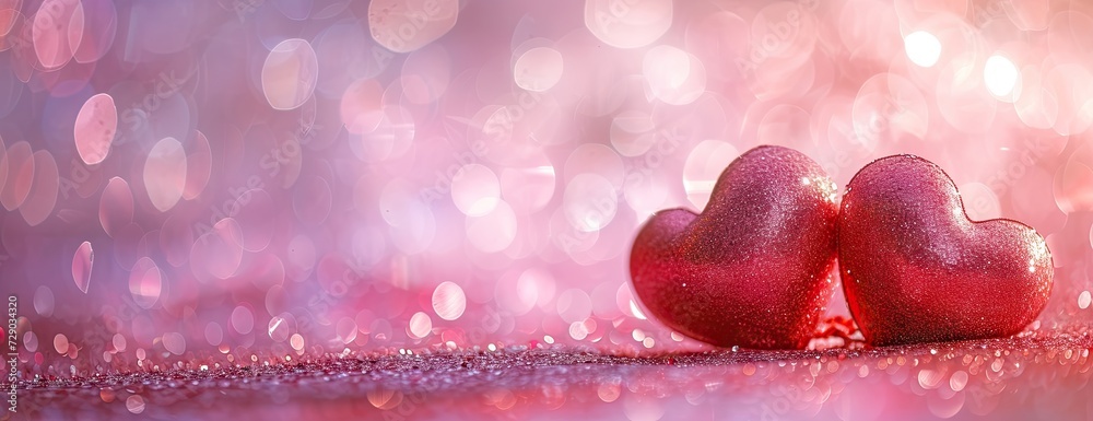 Two vibrant red hearts set against romantic pink background with sparkling bokeh perfect for Valentine Day symbolizes love and romance with shiny glitter adding festive and celebratory feel Two vibrant red hearts set against romantic pink background with sparkling bokeh perfect for Valentine Day symbolizes love and romance with shiny glitter adding festive and celebratory feel