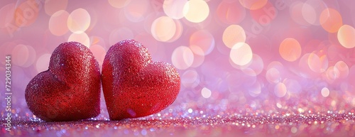 Two vibrant red hearts set against romantic pink background with sparkling bokeh perfect for Valentine Day symbolizes love and romance with shiny glitter adding festive and celebratory feel