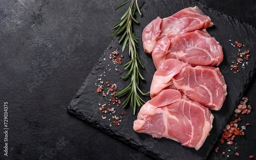 Pieces of raw pork on a stone board with rosemary and spices. On a black background