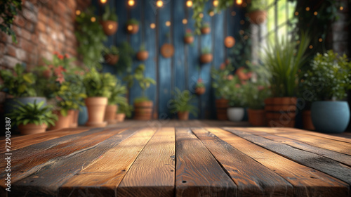 Wooden table top on blur background of colorful garden backyard with bokeh sunlight.