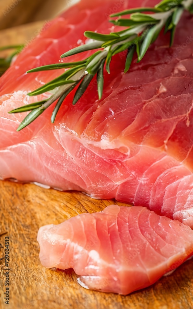 Raw tuna with a sprig of rosemary. Macro background. Tuna texture
