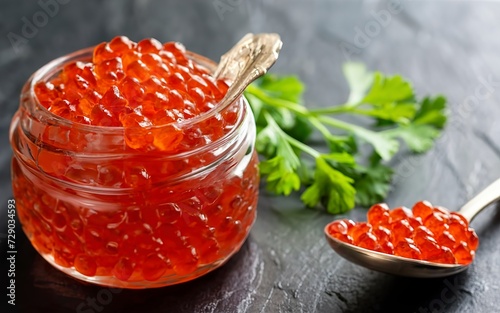 Red caviar in a glass jar with parsley. On a black background.