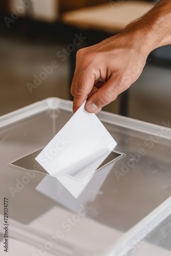 A person's hand is dropping a voting paper into a clear ballot box, captured from a side angle, symbolizing active civic engagement