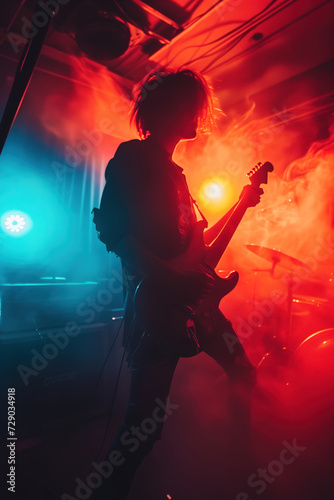 A rockstar artist captivates the audience with a fiery guitar solo at their electrifying pop music concert, their clothing a vibrant display of performance art on the grand stage
