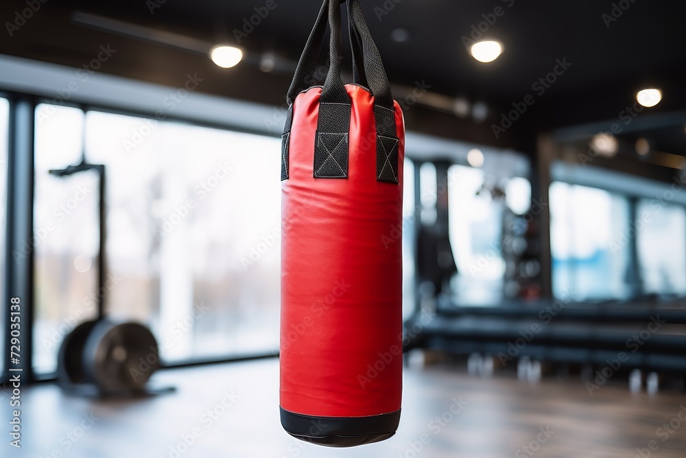 Red hanging punching bag for sport and fitness, kickboxing, muay thai, taekwondo
