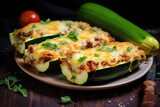 Baked zucchini boats filled with cheese and meat on a wooden plate