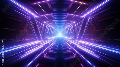 Abstract neon tunnel with fluorescent bright pink purple glow on a black background. Game room, virtual background.