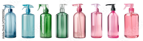 Set of colored plastic bottles with a dispenser for shampoo and soap. Cosmetic and medical means for body care. Blank mockup of cans on transparent background