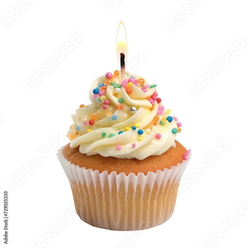 Delicious birthday cupcake with candle isolated on transparent