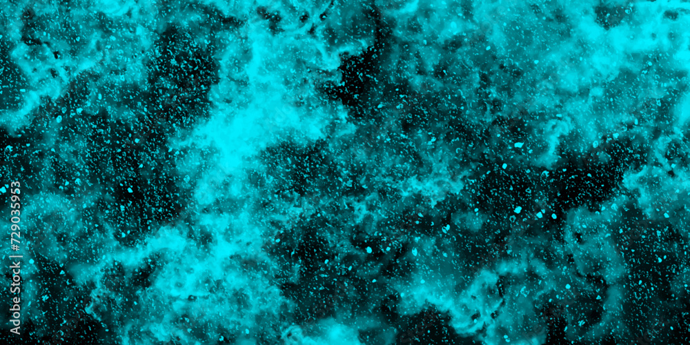 Abstract dynamic particles with soft blue clouds on dark background. Defocused Lights and Dust Particles. Watercolor wash aqua painted texture grungy design