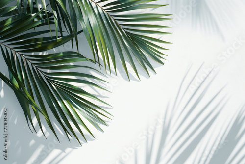 Top view of green tropical palm tree and shadow on white wall background, Minimal fashion summer holiday concept. Flat lay photo