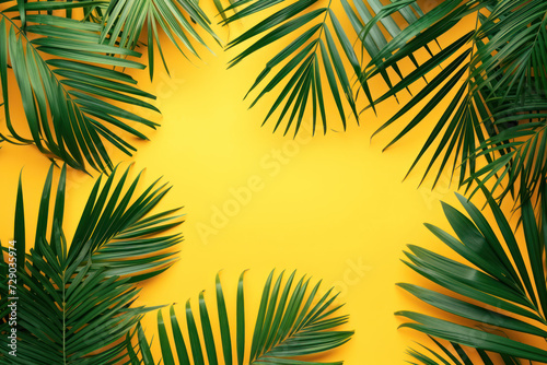 Top view tropical palm tree leaves on yellow background  Minimal fashion summer holiday concept. Flat lay