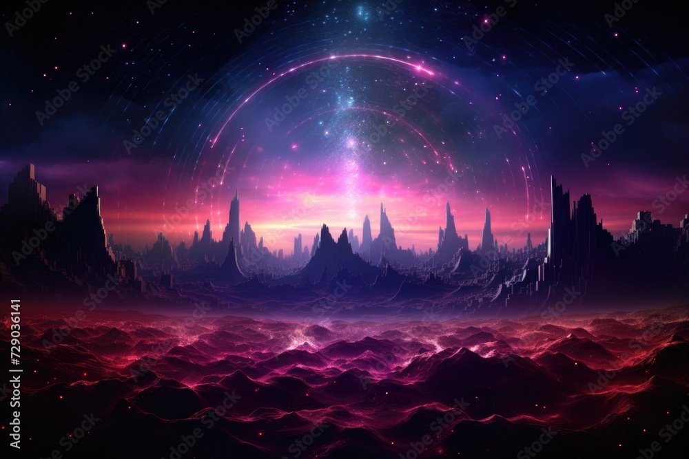 Futuristic Fantasy Landscape with Cosmic Sky