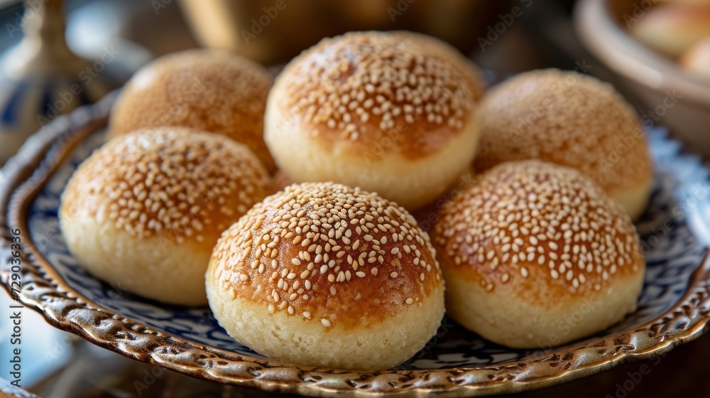 Macro shot of freshly baked golden buns topped with sesame seeds, focus on texture Macro shot of freshly baked golden buns topped with sesame seeds, focus on texture