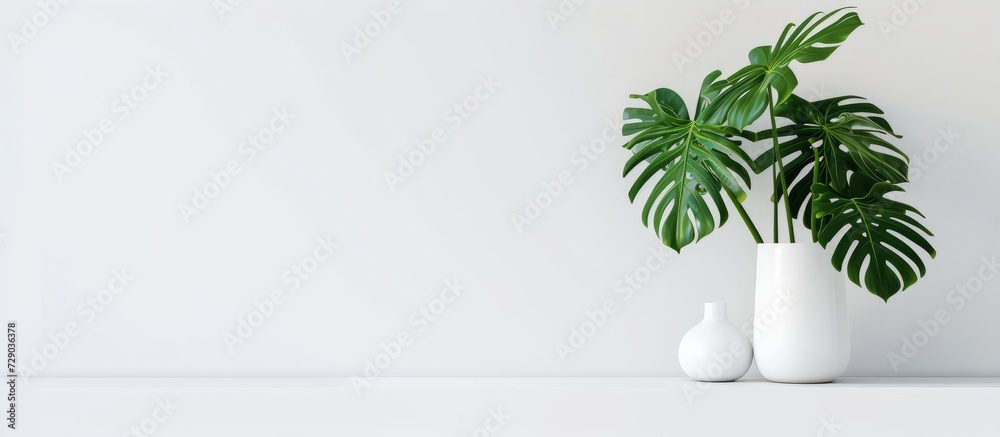 Monstera palm leaf in a white vase and space Monstera palm leaf in a white vase and space
