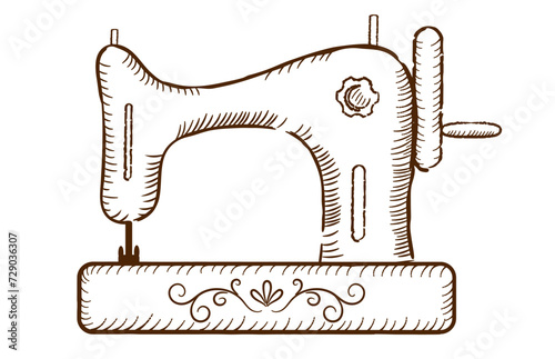 Vintage sewing machine for sew. Hand drawn in retro style. Design element.