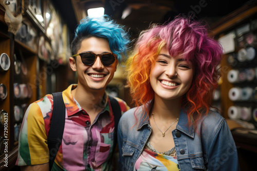 Colorful Couple Smiling in Vintage Shop